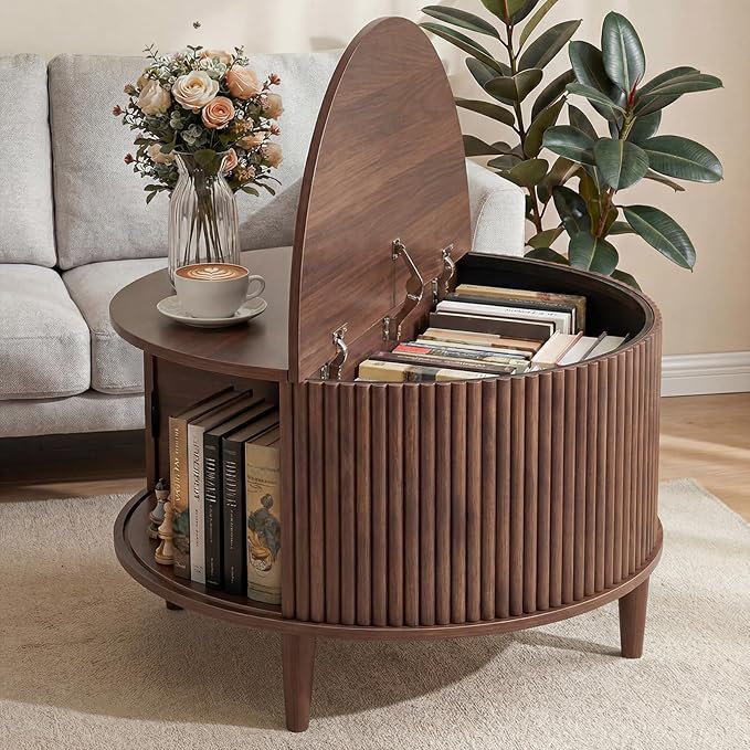 Living Room Furniture DUMOS DUMOS Coffee Table, Round Coffee Tables with Storage, Fluted Center Table for Living Room, 31.69" Mid Century Modern Table with Sliding Cabinet Door, 2-