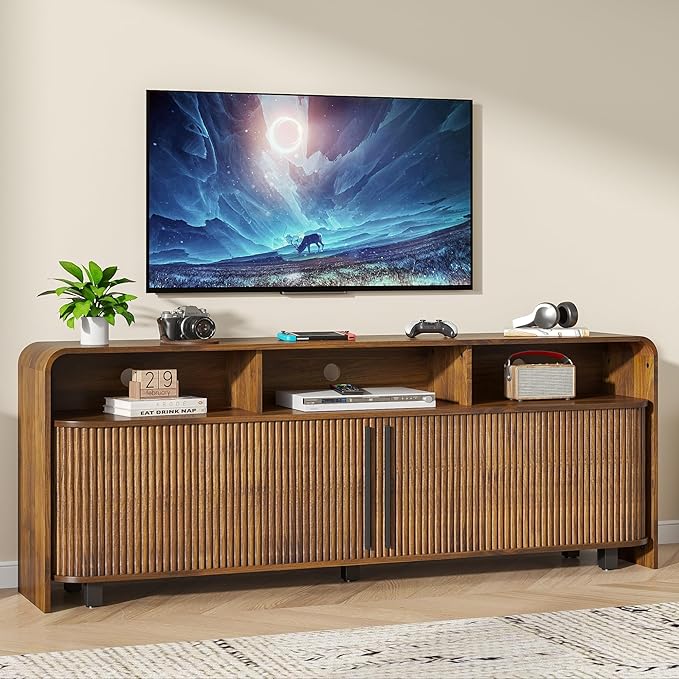 Living Room Furniture Woemtoric Fluted TV Stand for 75 65 80 Inch TV, 70 Inch Long Walnut Entertainment Center, Large Mid Century Modern TV Console Media, Adjustable Shelves, Slidi