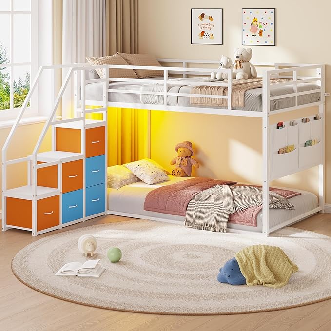 Kitchen Furniture DICTAC DICTAC Bunk Bed Twin Over Twin with Storage Staircase and LED Lights Low Bunk Beds with 6 Drawers and Pocket Organizer,Metal Twin Floor bunk for Kids with 