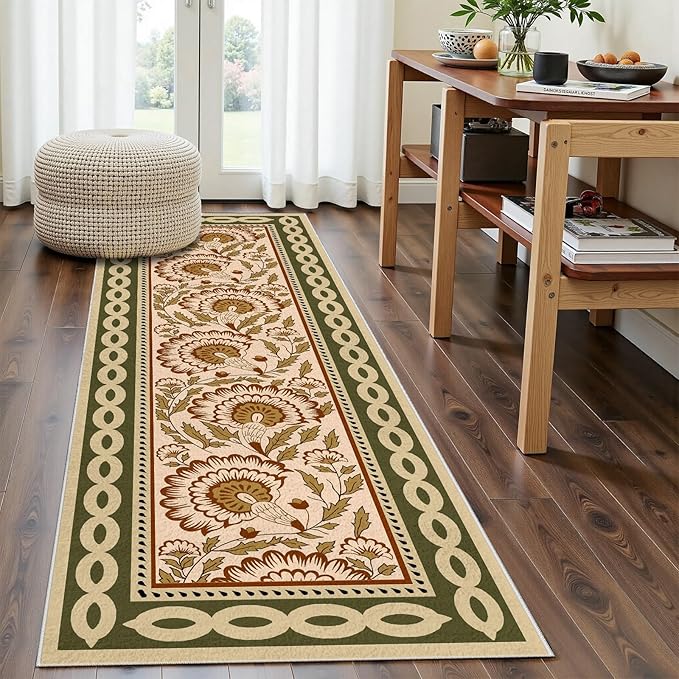 Kitchen Decor Vyvyopj Boho Hallway Runner Rug, 2x7ft, Vintage Floral Traditional Rug, Retro Beige Green Leaf Area Rugs, Farmhouse Aesthetic Home Decor, Non Slip Soft Indoor Outdoor