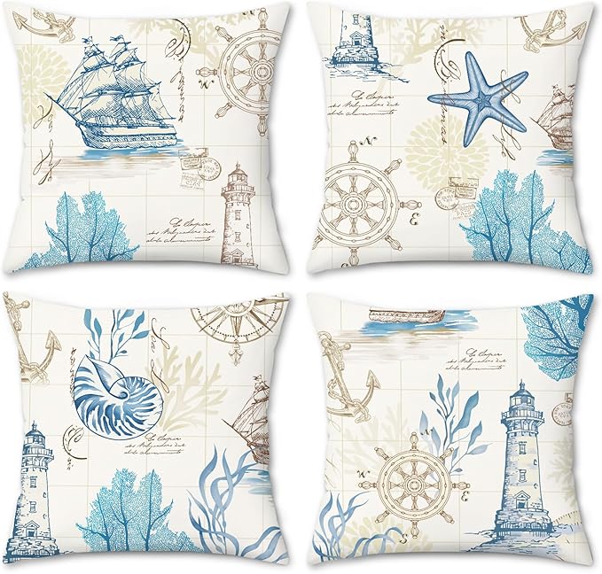 Living Room Decor Bonhause Bonhause Nautical Coastal Throw Pillow Covers 18x18 Inch Lighthouse Sailboat Ocean Beach Starfish Conch Coral Decorative Cushion Case for Outdoor Patio S