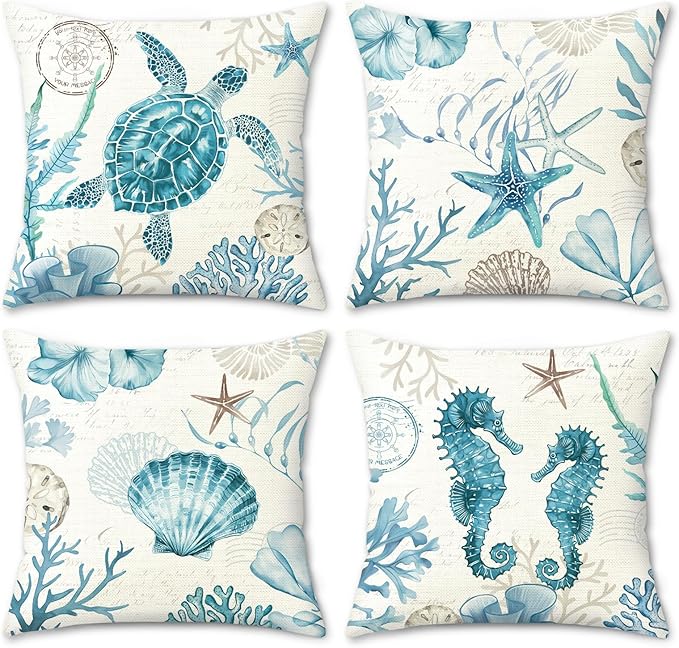 Living Room Decor Bonhause Bonhause Nautical Coastal Throw Pillow Covers 18x18 Inch Ocean Themed Turtle Seahorse Seashell Starfish Beach Summer Decorative Pillow Cases for Outdoor 