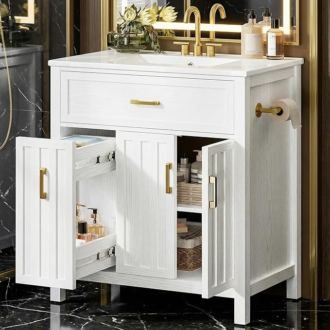 Kitchen Furniture IRONCK IRONCK 30" Bathroom Vanity with Ceramic Sink, Modern Freestanding Bathroom Cabinet with 2 Drawers, Towel bar and Adjustable Shelf, White