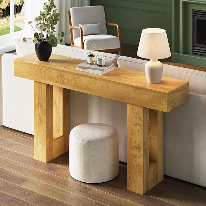 Living Room Furniture FURSUN FURSUN 63" Farmhouse Console Table with Drawers, Narrow Sofa Table Behind Couch, Slim Entryway Table with Storage for Hallway, Living Room, Natural Oak