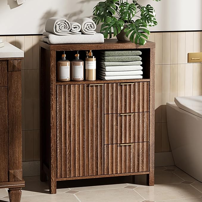 Bathroom Storage VINGLI VINGLI Bathroom Floor Storage Cabinet with 3 Drawers, Modern 32" Freestanding Short Storage Organizer with Fluted Door & Adjustable Shelf, 12 Inch Deep Walnut Wooden Console