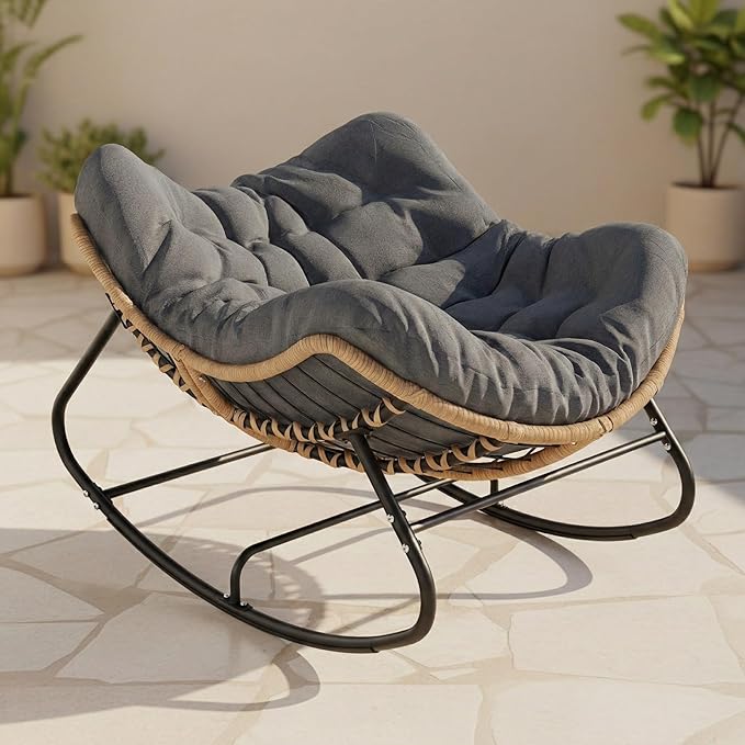 Bedroom Furniture Micleed Oversized Papasan Rocking Chair Outdoor, Comfy Wicker Patio Papasan Egg Rocker with Thick Cushion for 450 lbs, Indoor Lounge Reading Chair for Living Room