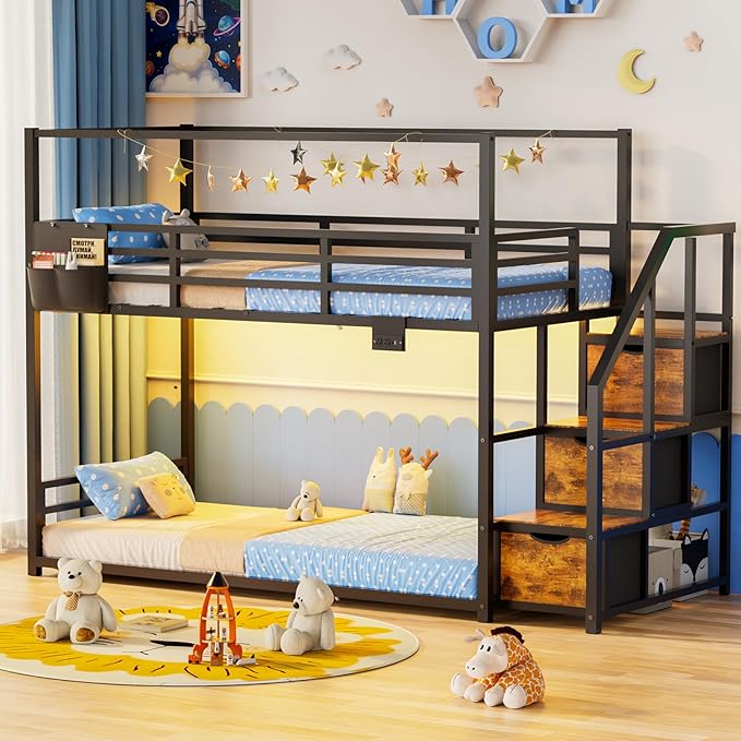 Kitchen Furniture Zerduos Low Bunk Bed Twin Over Twin with Storage Staircase, RGB LED Lights, Drawers & Shelves, Metal Bunk Beds for Kids with Power Outlet, Double Full-Length Guar