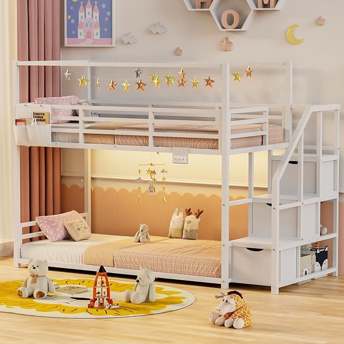 Kitchen Furniture Zerduos Low Bunk Bed Twin Over Twin with Storage Staircase, RGB LED Lights, Drawers & Shelves, Metal Bunk Beds for Kids with Power Outlet, Double Full-Length Guar