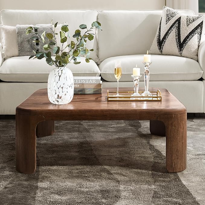 Living Room Furniture HULALA HOME 44 Inch Square Wood Coffee Table, Modern Oak Finish Low Profile Living Room Table with Rounded Edges and Bow-Shaped Legs
