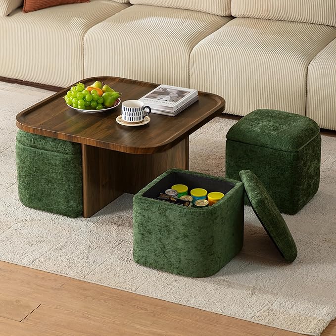 Living Room Furniture CHIC HOUSE Square Coffee Table with Stools Underneath, Wood Ottoman Coffee Tables with 4 Chenille Storage Ottomans & Seats, Mid-Century Modern Coffee Table wi