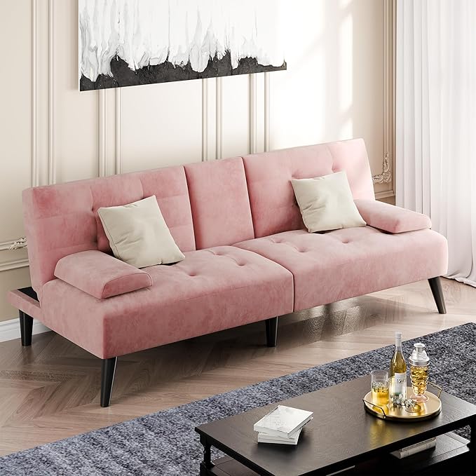 Living Room Furniture Shintenchi Futon Sofa Bed, Velvet Foldable Couch, Reclining Sleeper with Removable Armrests, Upholstered Loveseat Sofa Couch with Folding Cup Holders