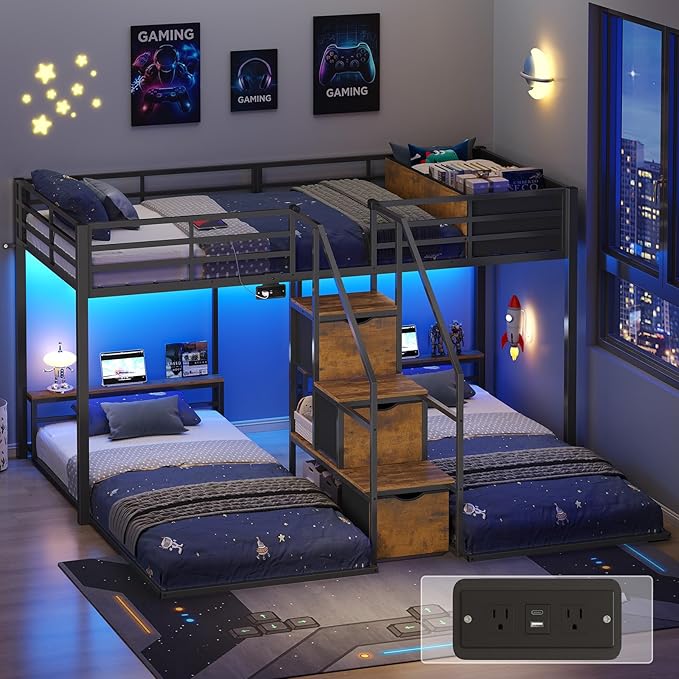 Kitchen Furniture ADORNEVE ADORNEVE Triple Bunk Bed with Storage Staircase, RGB Lights & Charging Station, Twin Over Twin, Heavy Duty Metal 3 Bunk Beds with Drawers & Headboard She
