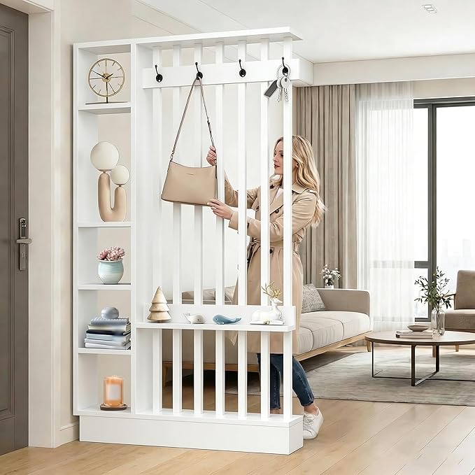 Kitchen Furniture Generic Wall Room Divider with Shelves Freestanding Wall Divider with Storage Cabinet Screen Column Floor to Ceiling Entrance Hall Partition Cabinet (White+White)