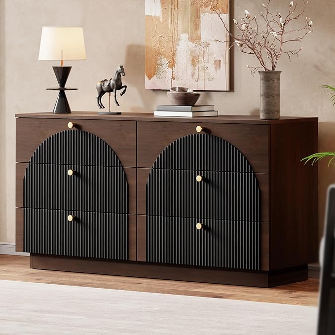 Bedroom Organisation Herihome Arched Fluted Dresser for Bedroom with 6 Drawers, 55" Wide Walnut + Black