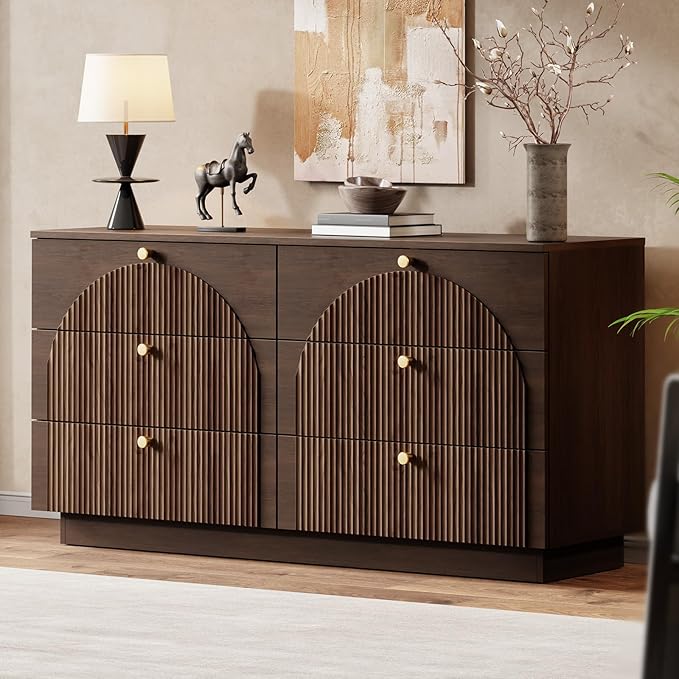 Bedroom Organisation Herihome Arched Fluted Dresser for Bedroom with 6 Drawers, 55" Wide Walnut Finish