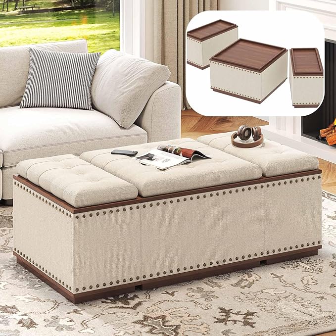 Living Room Furniture HSH HSH 47 Inch Ottoman Coffee Table with Storage, Living Room Ottoman Bench with Reversible Tray for Bedroom Entryway, 3-in-1 Modern Large Wide Upholstered F