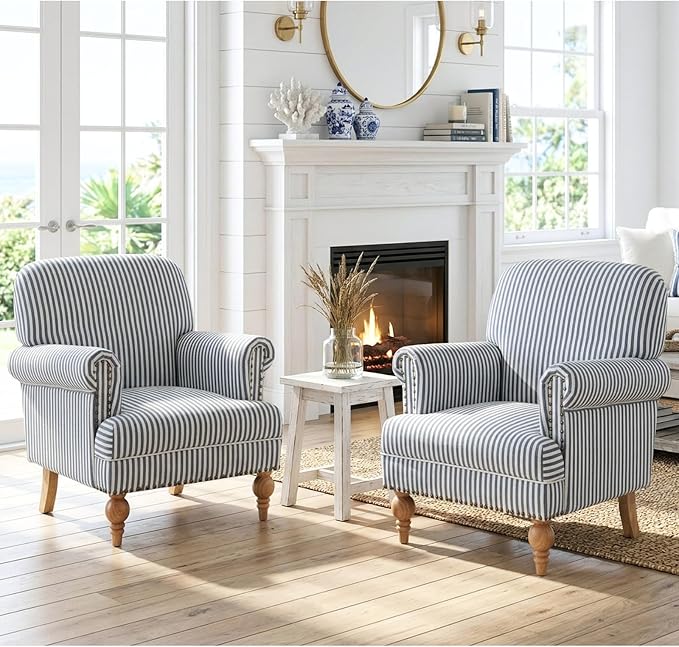 Kitchen Furniture DM Furniture Blue Striped Linen Fabric Accent Chairs Set of 2, Coastal Upholstered Armchairs with Nailhead Trim & Ball Turned Wood Legs, Modern Farmhouse Club Cha