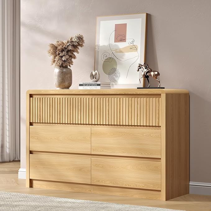 Bedroom Organisation BAZELOR Fluted 6 Drawer Dresser, 50” Wide Oak Finish