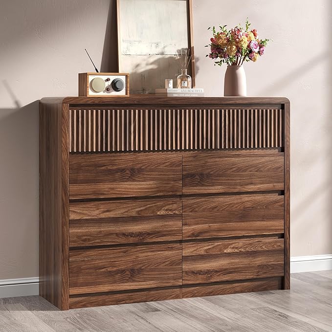 Bedroom Organisation BAZELOR Fluted 9 Drawer Dresser, 50” Wide Modern Dresser, Walnut