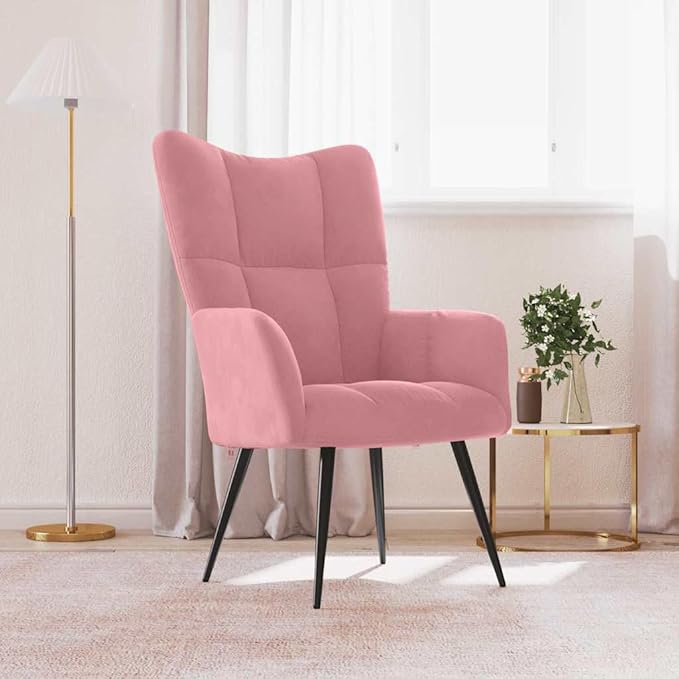 Living Room Furniture Vanitopaz Pink Velvet Relaxing Armchair, 100% Polyester Upholstery, Steel Frame, Medium Size Ergonomic Comfortable Lounge Seating for Living Room, Bedroom, Re