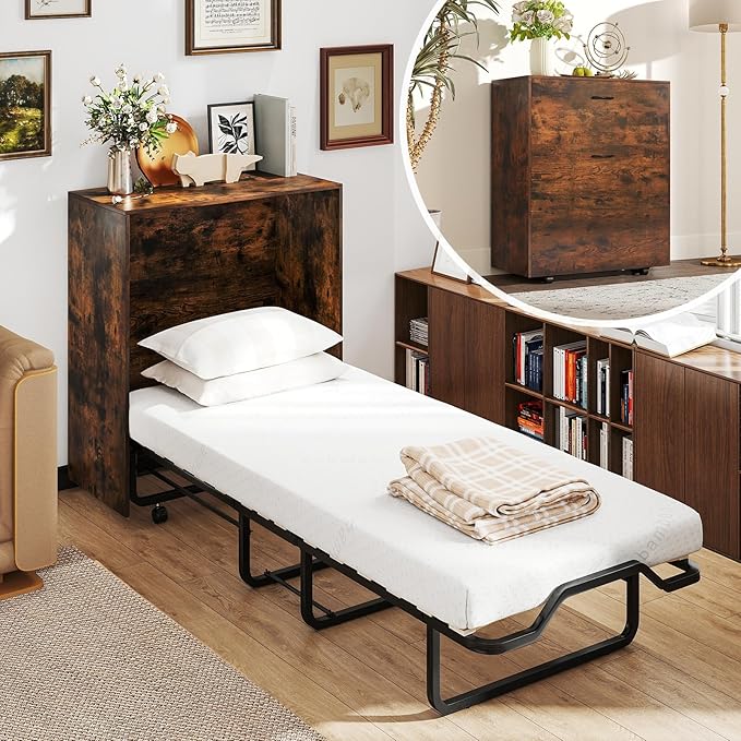 Kitchen Furniture IFANNY 74" x 31" Murphy Bed Cabinet, Single Rollaway Folding Bed with Mattress Included, Storage & Metal Frame, Portable Wall Console Guest Beds on Wheels for Adu