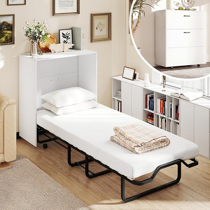 Kitchen Furniture IFANNY 74" x 31" Murphy Bed Cabinet, Single Rollaway Folding Bed with Mattress Included, Storage & Metal Frame, Portable Wall Console Guest Beds on Wheels for Adu